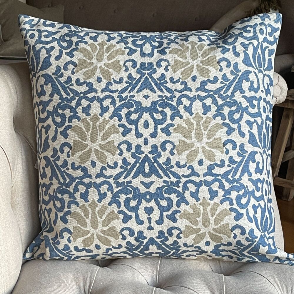 Linen mix Bramble Print Cushion - Vintage White & Blue