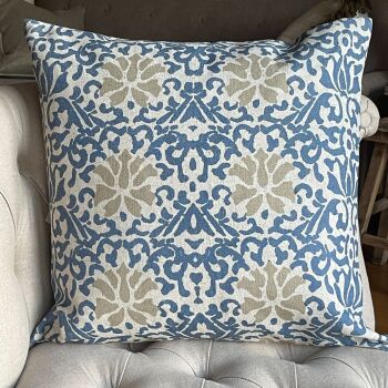 Linen mix Bramble Print Cushion - Vintage White & Blue