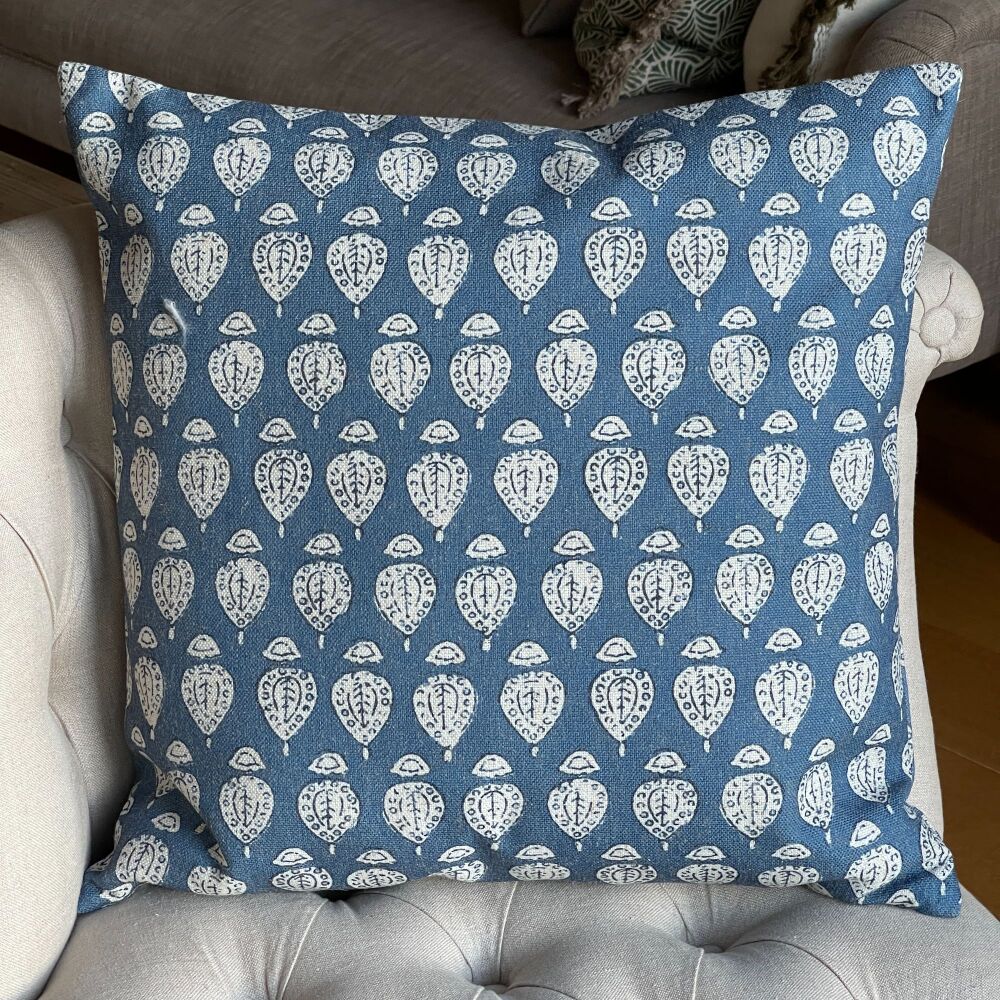 Linen mix Block Print Artisan Cushion - Rich Blue