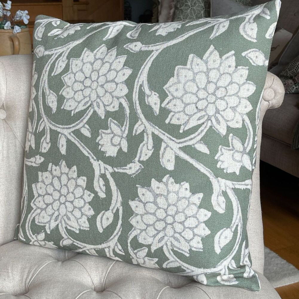 Linen mix Camellia Cushion - Olive Green & Vintage White