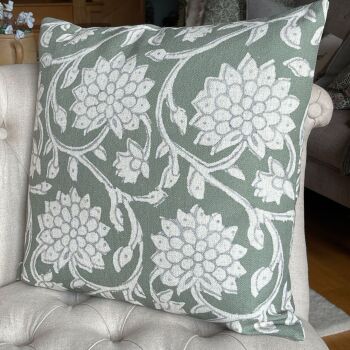 Linen mix Camellia Cushion - Olive Green & Vintage White