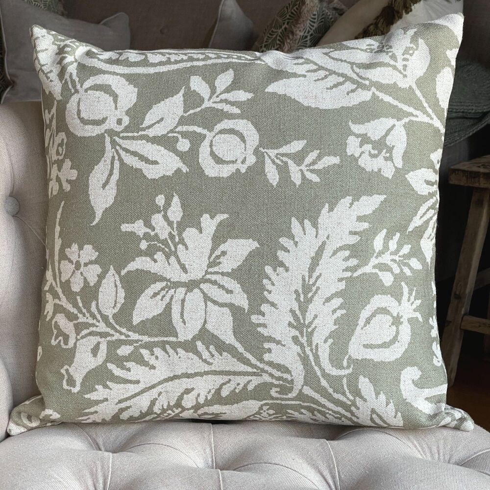 Linen mix Flowers & Foliage Cushion - Antique White & Olive Green
