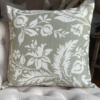 Linen mix Flowers & Foliage Cushion - Antique White & Olive Green