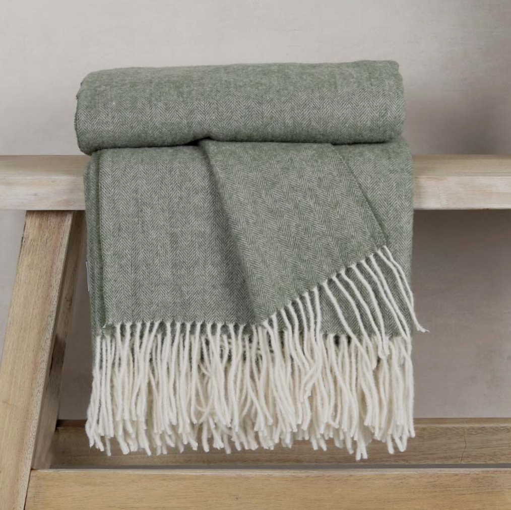 Olive Green Pure New Wool Herringbone Throw