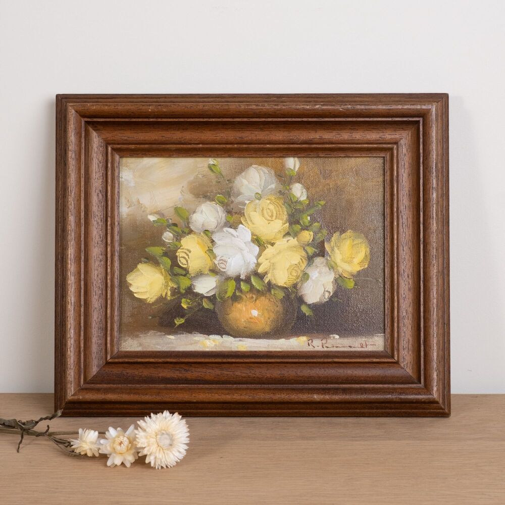 Vintage Original Small Oil Painting - Pale Yellow Roses