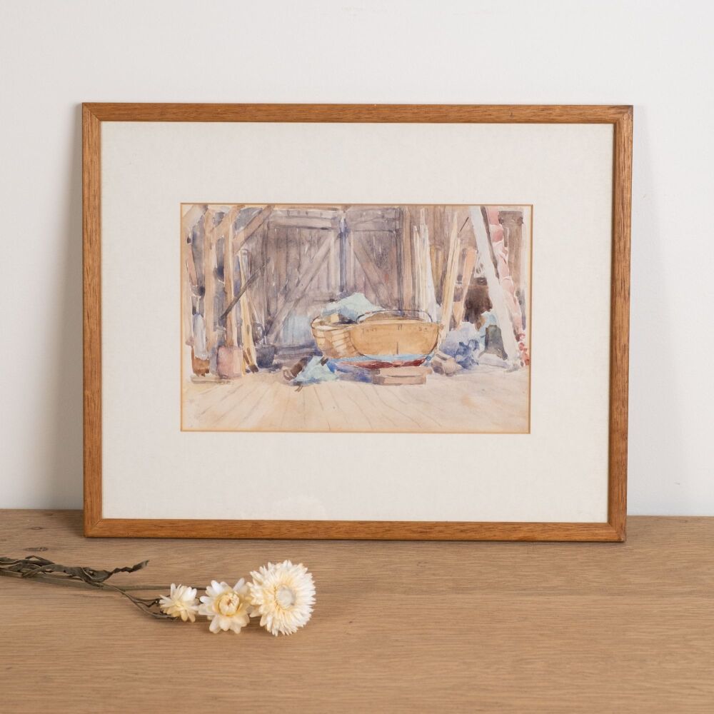 Vintage Original Watercolour Painting - Old Boat in Barn