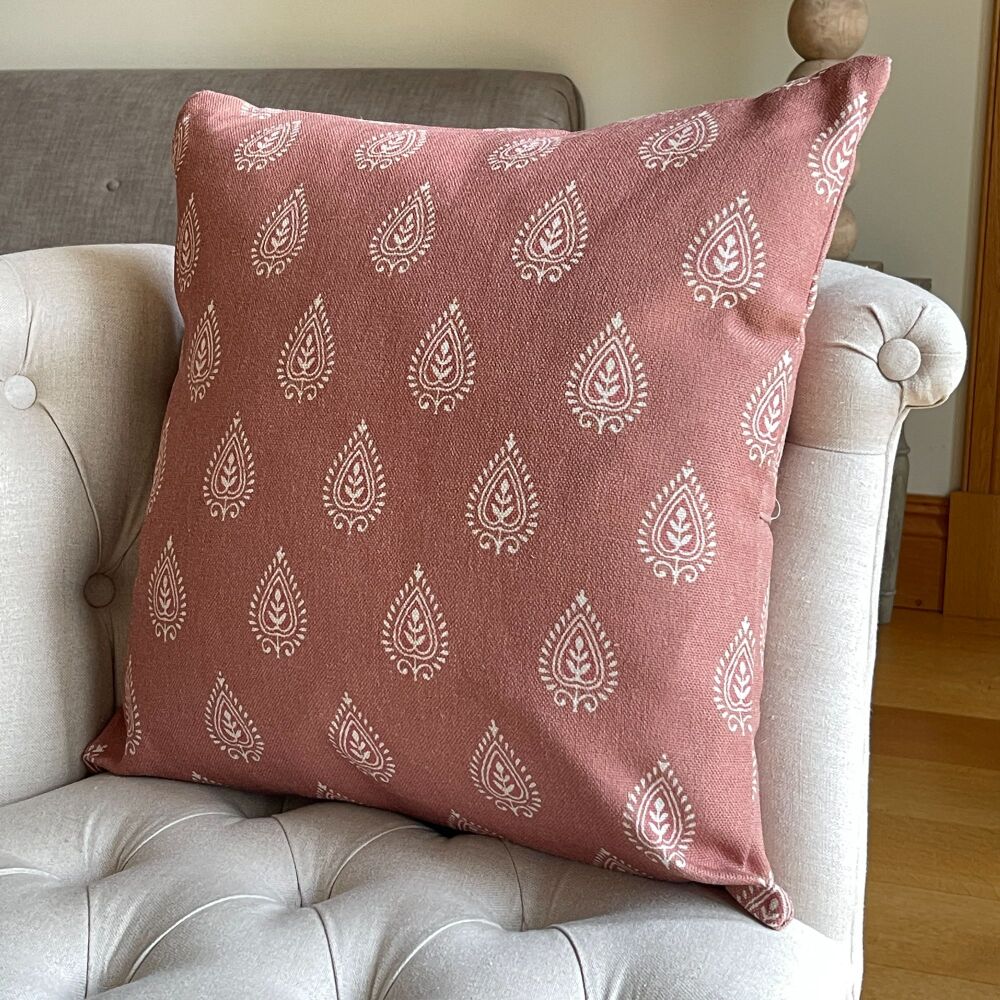 Linen mix Block Print Leaf Cushion - Rust Brown & Vintage White