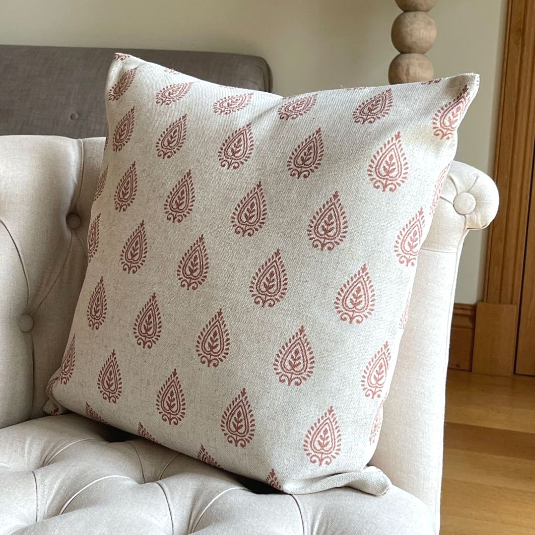 Linen mix Block Print Leaf Cushion - Vintage White & Rust Brown