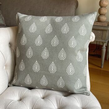 Linen mix Block Print Leaf Cushion - Olive Green & Vintage White