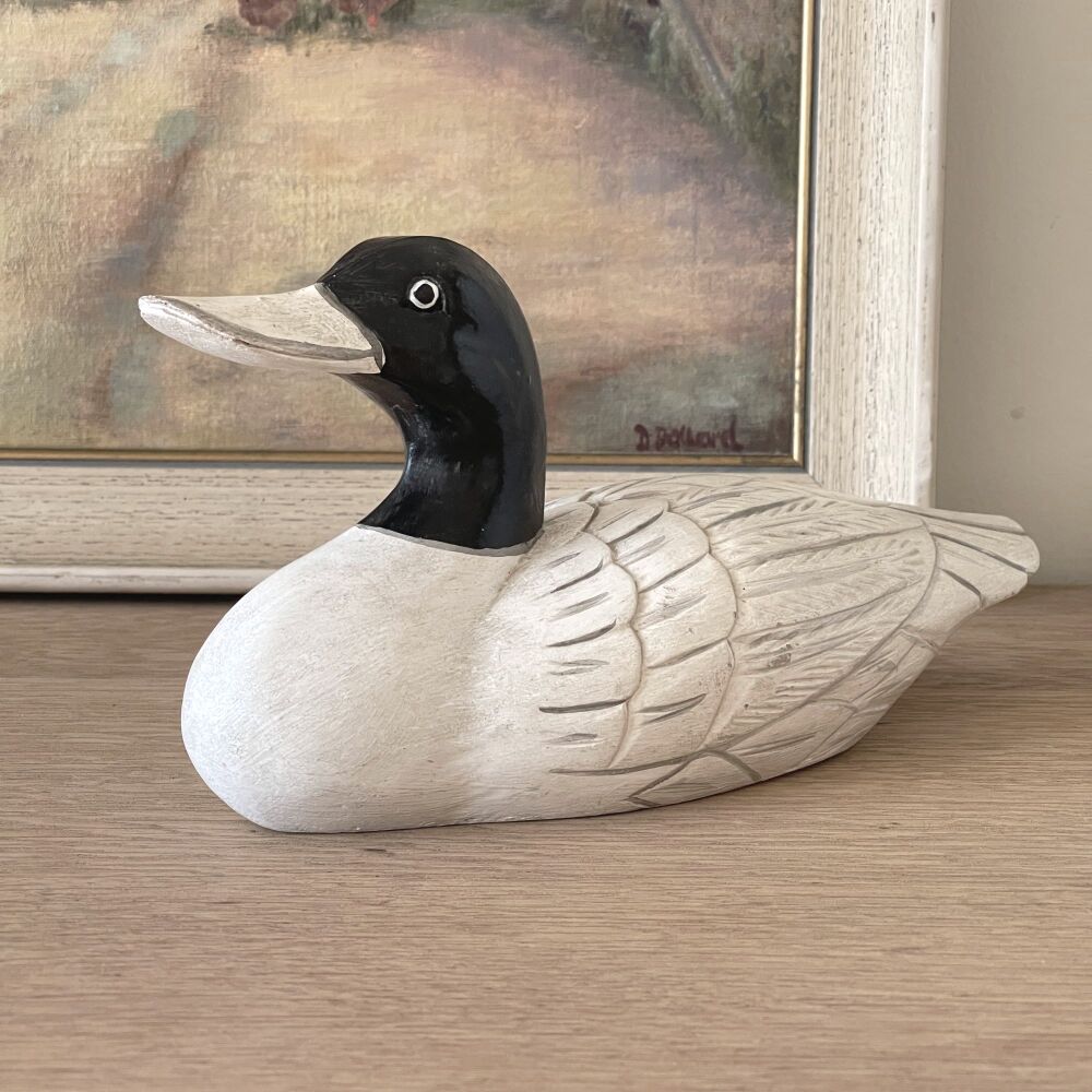 Hand Carved White Wooden Duck Sculpture - Vintage