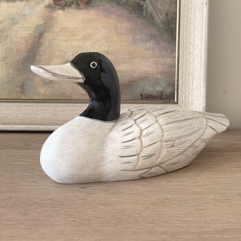Hand Carved White Wooden Duck Sculpture - Vintage