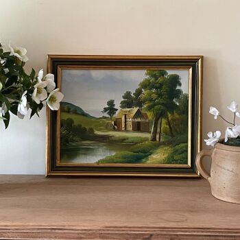 Vintage Original Oil Painting - Barn by the Lake