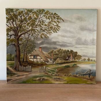 Vintage Original Oil Painting - Thatched Cottage