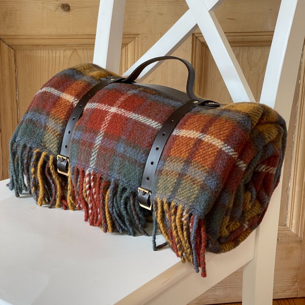 WATERPROOF Backed Wool Picnic Rug / Blanket in Antique Buchanan Check with 