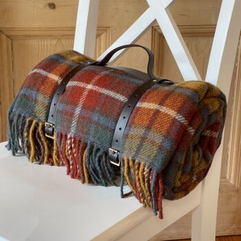 WATERPROOF Backed Wool Picnic Rug / Blanket in Antique Buchanan Check with Leather  Carry Strap