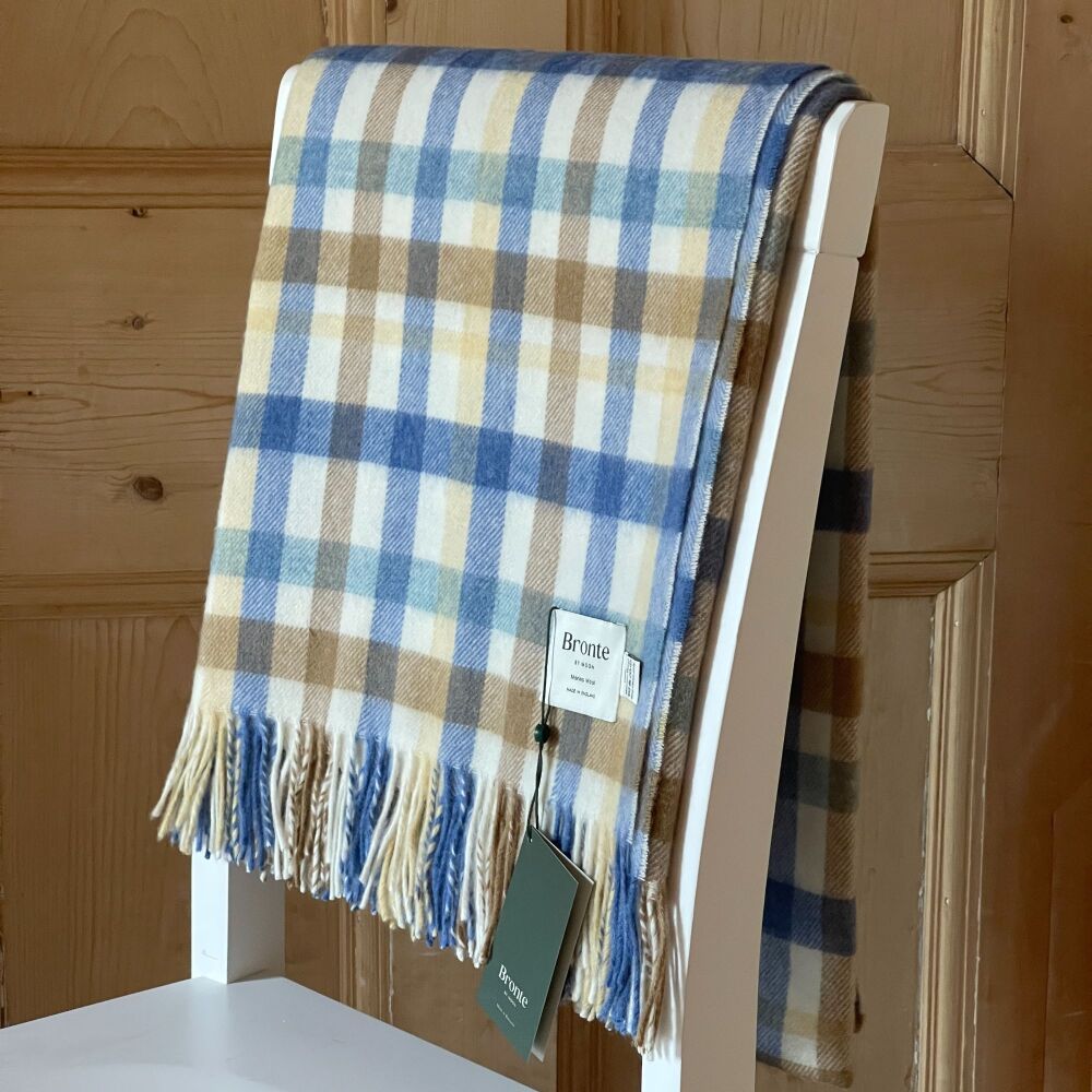 BRONTE by Moon Multi Plaid Buttercup & Blue Throw in 100% Merino Wool