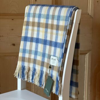 BRONTE by Moon Multi Plaid Buttercup & Blue Throw in 100% Merino Wool