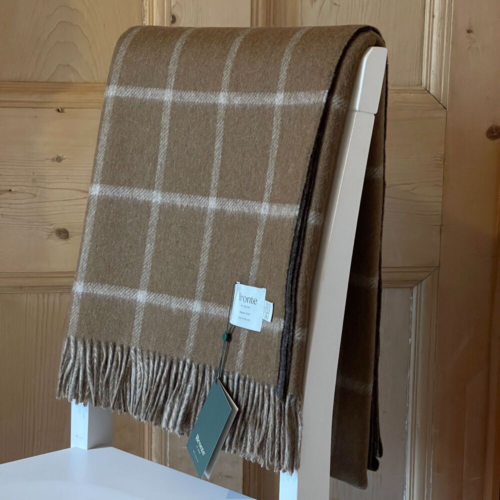 BRONTE by Moon Herringbone Check Camel & Chocolate Throw in 100% Merino Woo