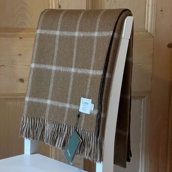BRONTE by Moon Herringbone Check Camel & Chocolate Throw in 100% Merino Wool