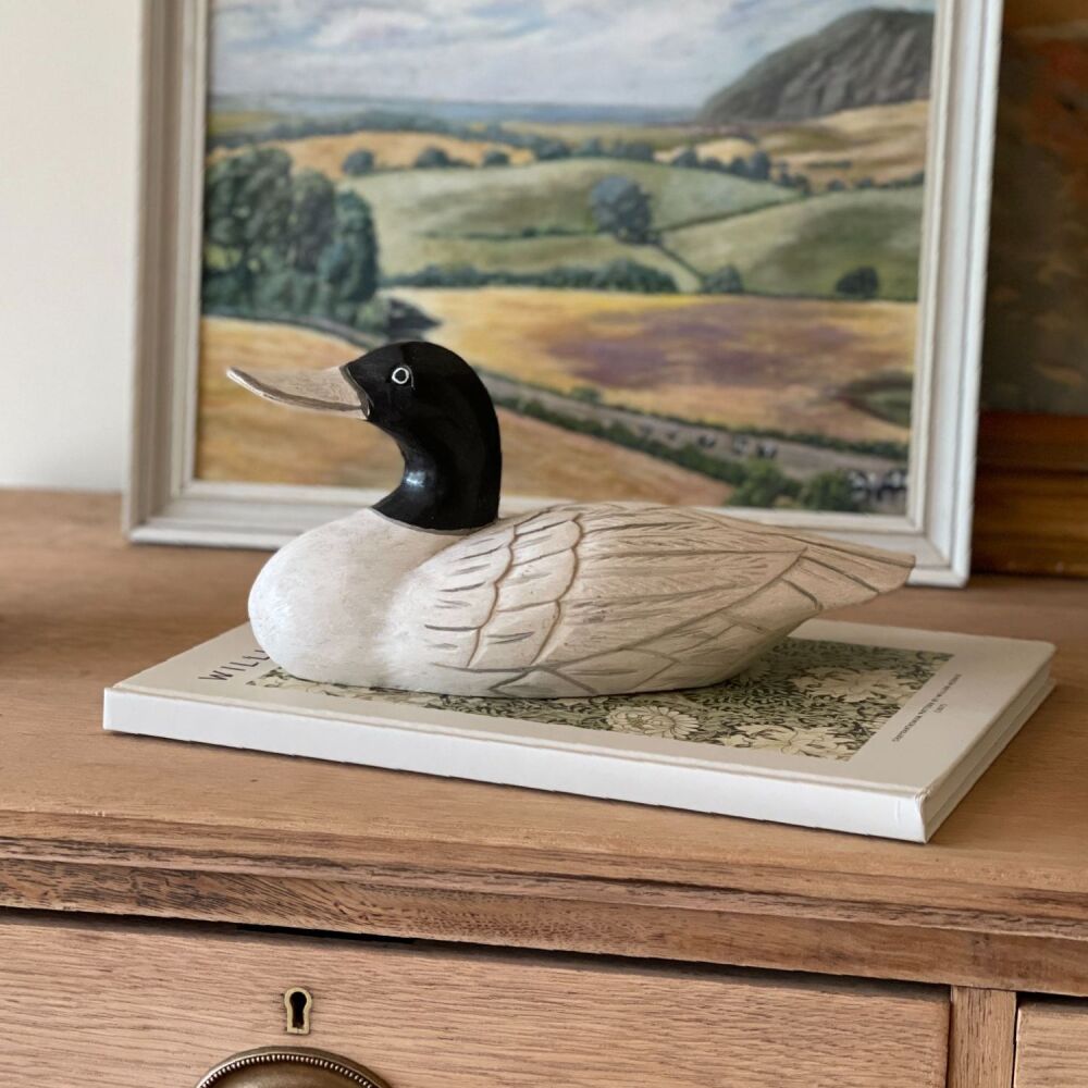 Hand Carved White Wooden Duck Sculpture - Vintage