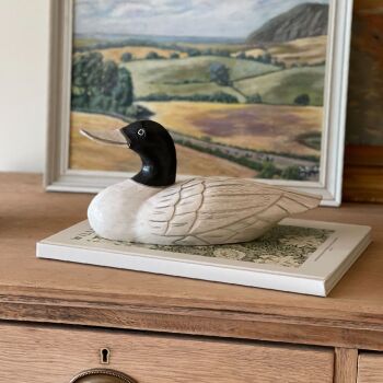 Hand Carved White Wooden Duck Sculpture - Vintage