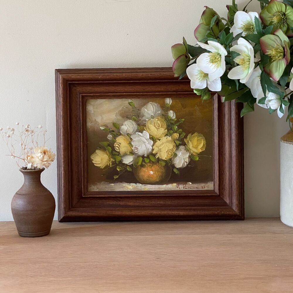 Vintage Original Small Oil Painting - Pale Yellow Roses
