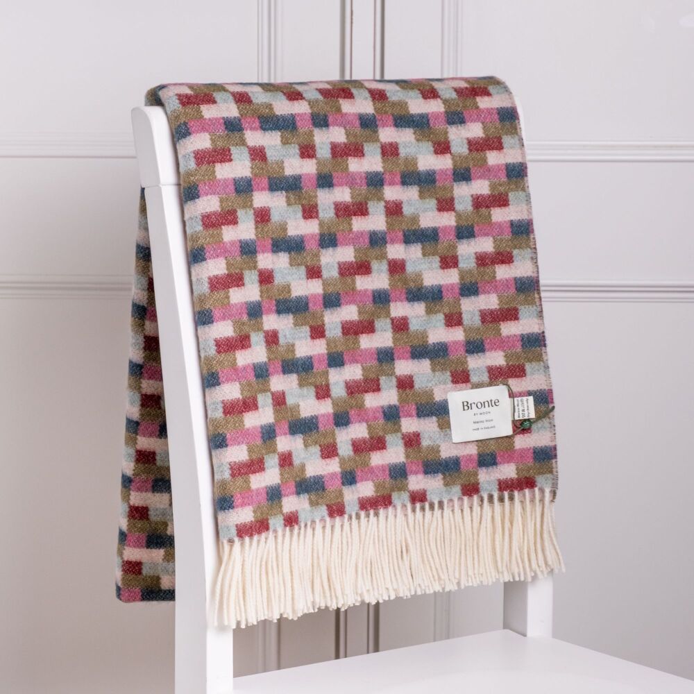 BRONTE by Moon Bricks Throw Merino Lambswool - Pink & Khaki