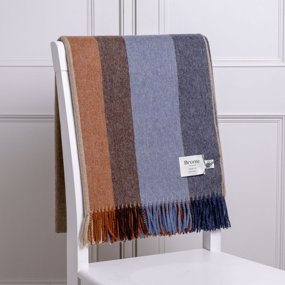 BRONTE by Moon Block Stripe Throw Merino Lambswool - Blue & Rust Brown