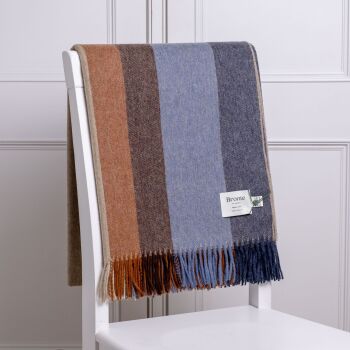 BRONTE by Moon Block Stripe Throw Merino Lambswool - Blue & Rust Brown