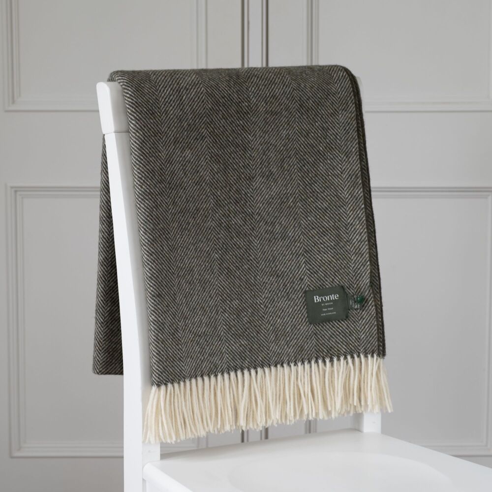 BRONTE by Moon Herringbone Throw Blanket Loden Green Shetland Wool