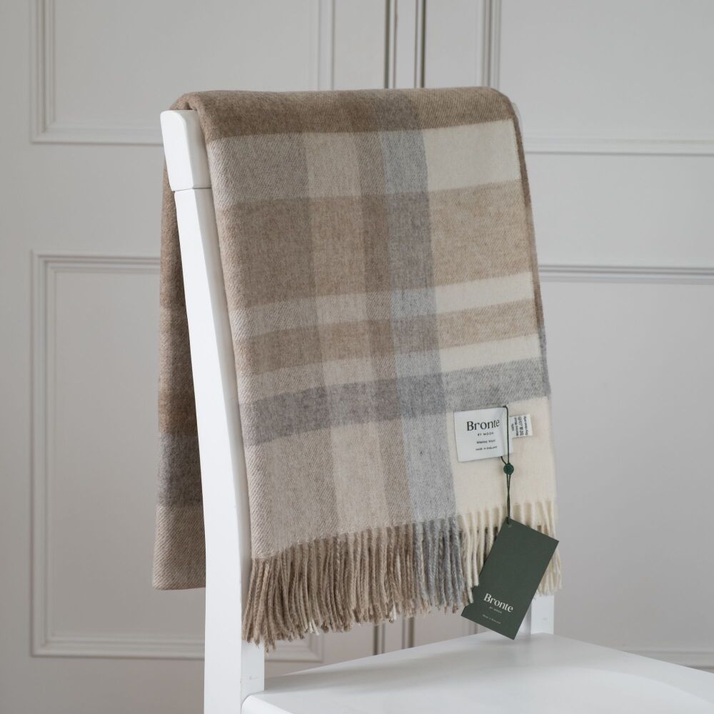 BRONTE by Moon Modern Check Throw in Merino Lambswool - Natural Beige