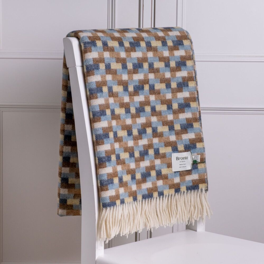 BRONTE by Moon Bricks Throw Merino Lambswool - Blue & Camel