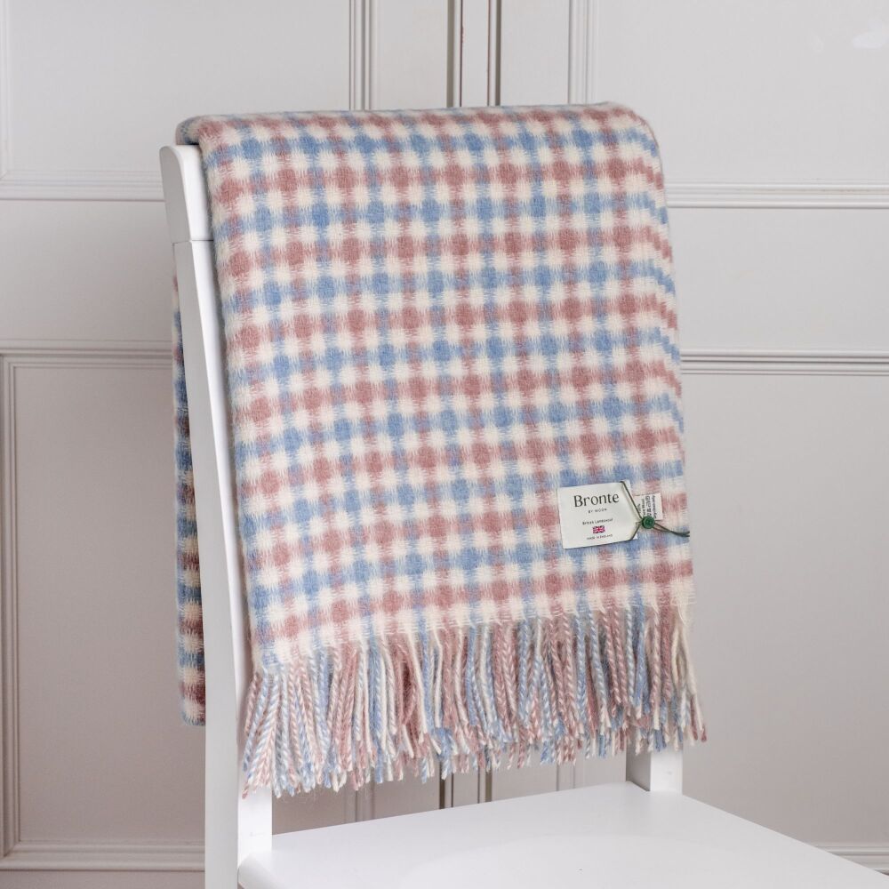 BRONTE by Moon British Wool Gingham Lambswool Throw -Sky Blue & Pink