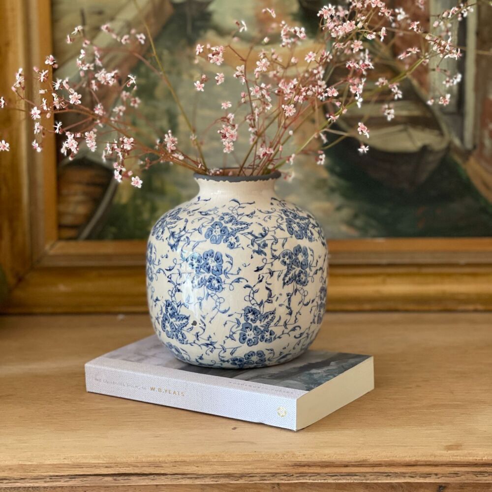 Blue & White Rustic Ceramic Round Flower Vase - 16 cm H