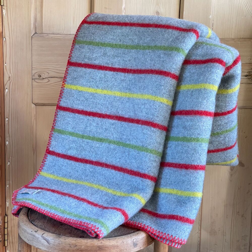 Tweedmill Grey Striped Wool Mix Throw - Red/Green/Yellow