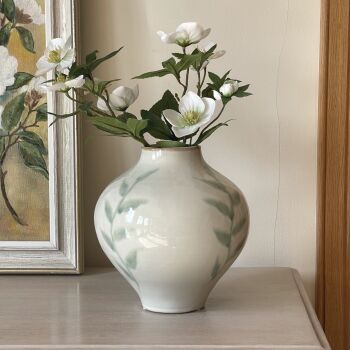 Artisan Crafted Green & White Ceramic Vase - 22 cm H