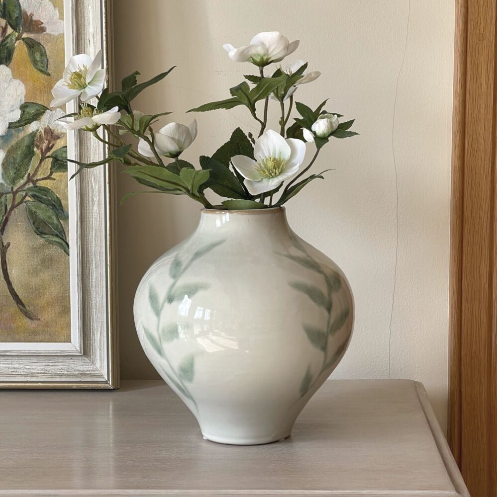 Artisan Crafted Green & White Ceramic Vase - 22 cm H