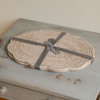 Rattan Wicker Artisan Oval Scallop Table Placemats Pair - Natural Whitewash