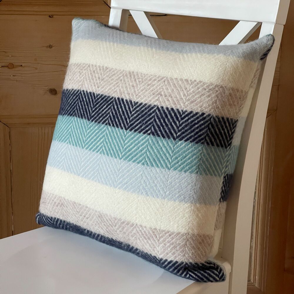 Tweedmill Pure New Wool Herringbone Seashore Blue Stripe Cushion 50 x 50 cm