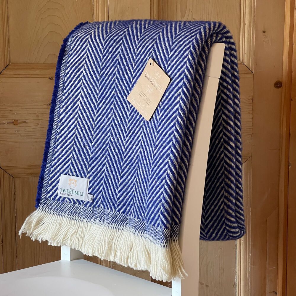 Tweedmill Recycled Herringbone Heavyweight LARGE Throw / Blanket  - Aqua Bl