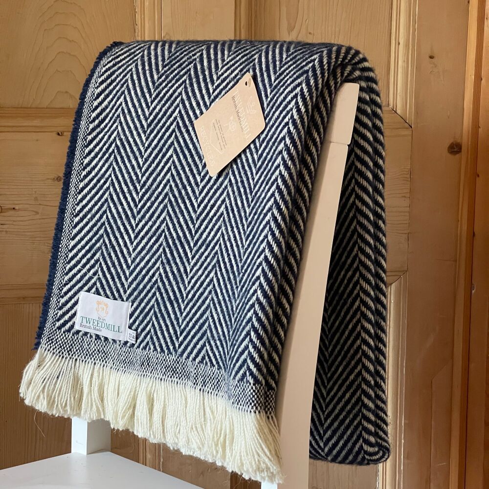 Tweedmill Recycled Herringbone Heavyweight LARGE Throw / Blanket  - Navy Bl