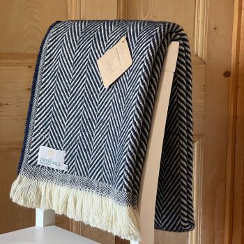 Tweedmill Recycled Herringbone Heavyweight LARGE Throw / Blanket  - Navy Blue