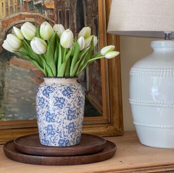 Blue & White Rustic Ceramic Wide Rim Vase - 20 cm H