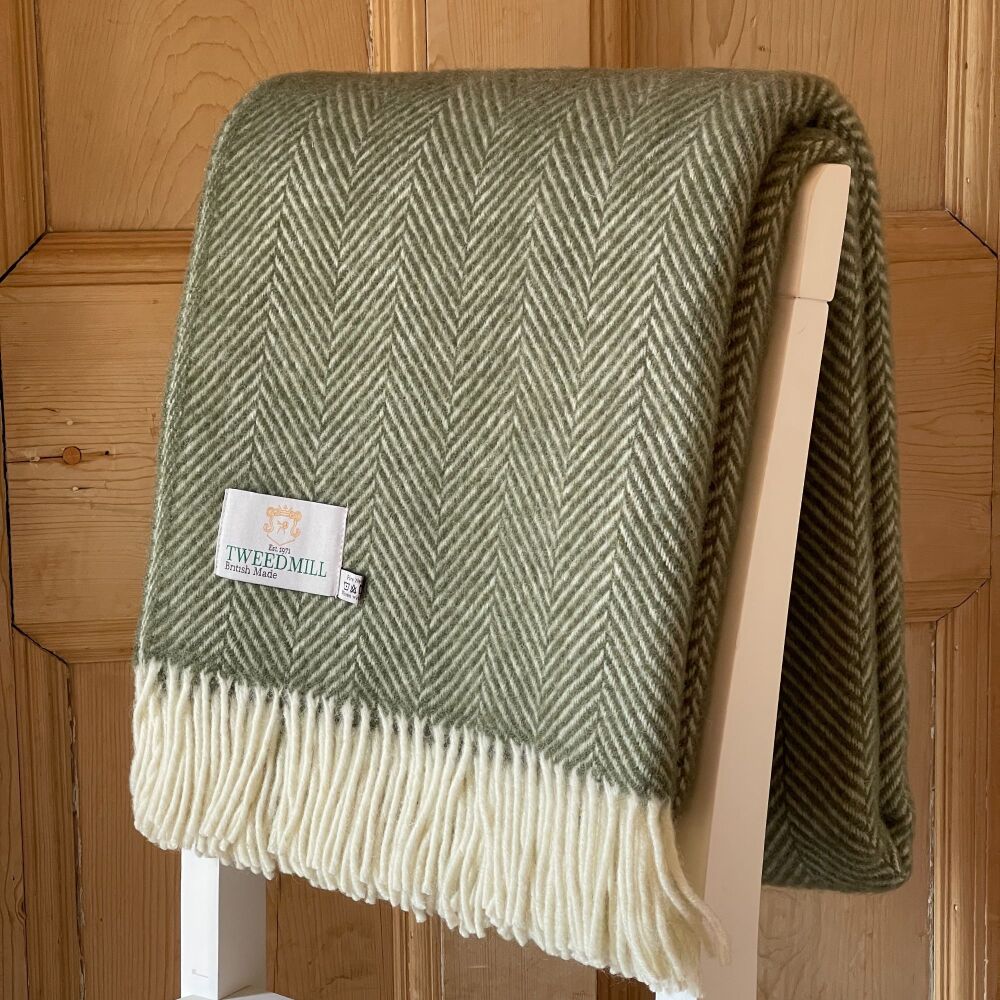 Tweedmill Olive Green Herringbone Pure New Wool Throw Blanket