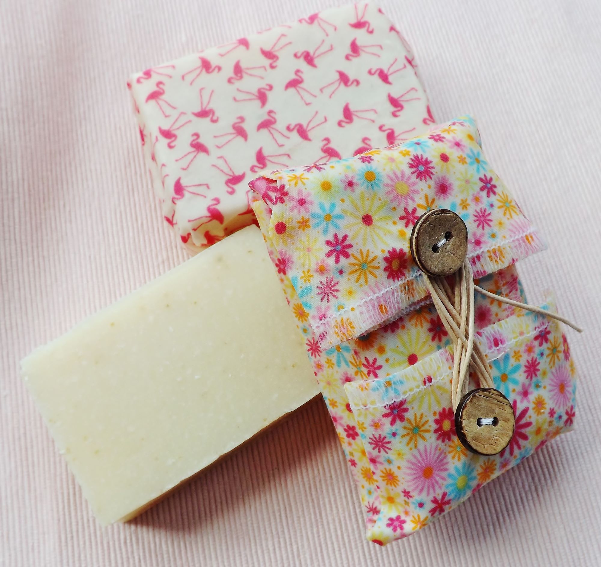 V-Eco Pamper Packsâ„¢,  SoapSaverâ„¢ - 2 soap bars wrapped in a floral waxed  wrap which is secured with coconut buttons and cotton cord