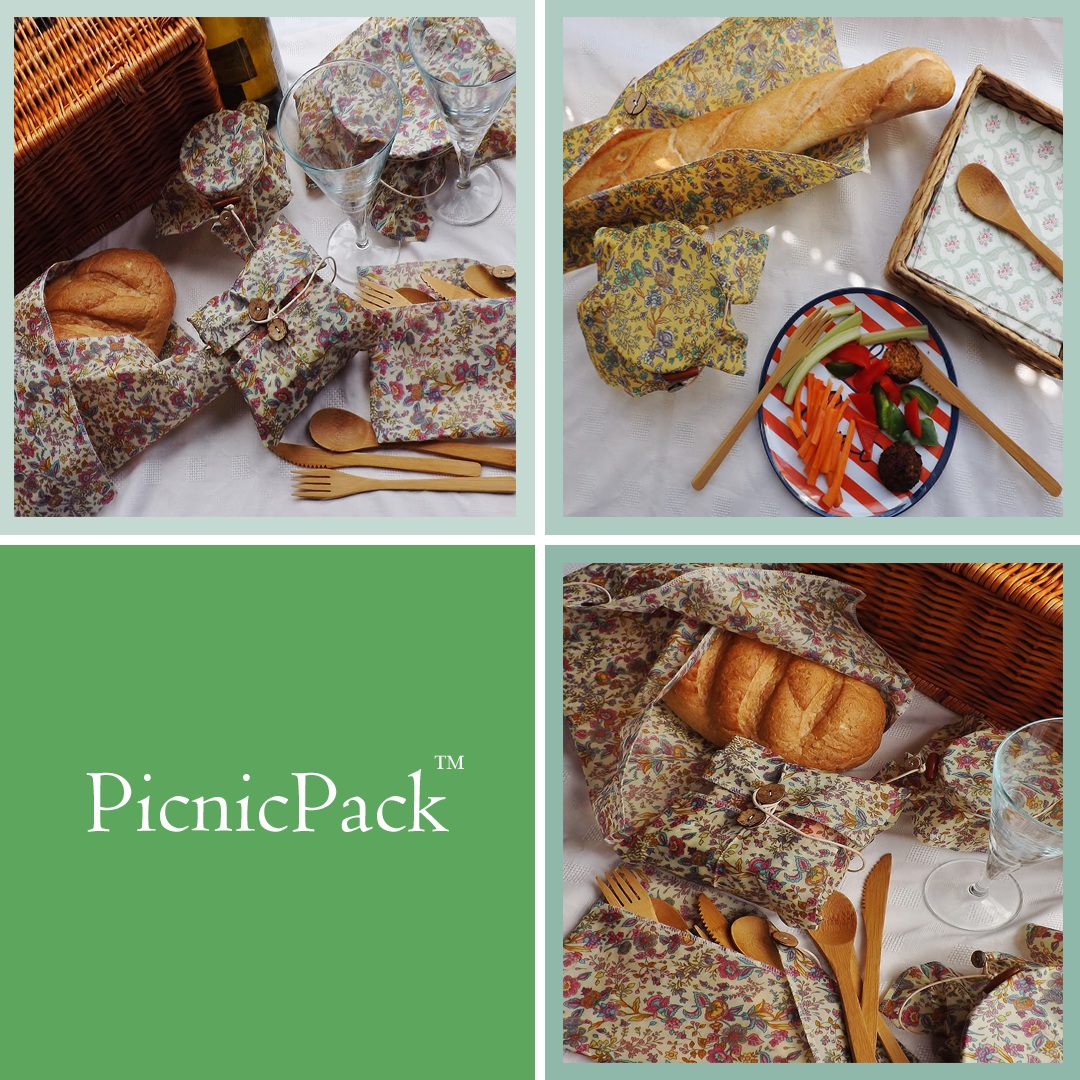 V-Eco Food Wrapsâ„¢,  PicnicPackâ„¢ - various waxed wraps  with food,  wine, glasses and bamboo cutlery