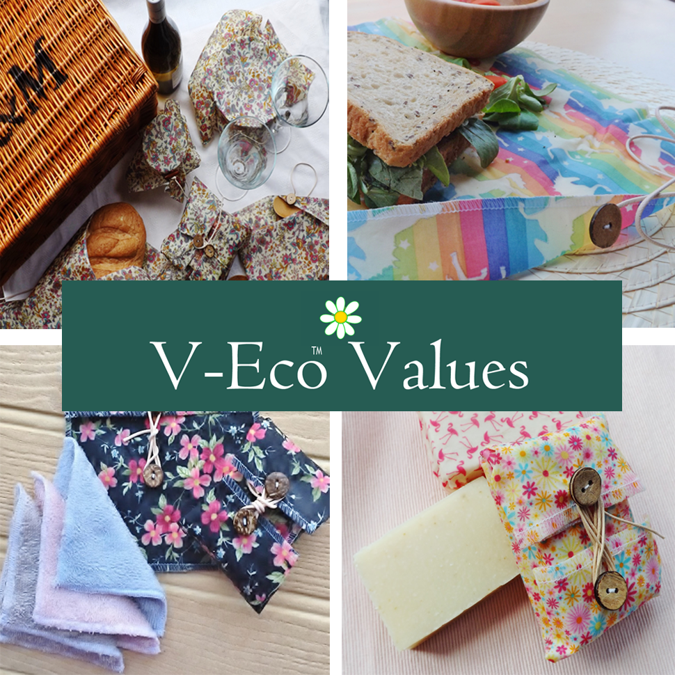 quartet of images V-ECO HOME, FOODWRAPS AND PAMPER PACKS WITH THE WORDS V-ECO vALUES ACROSS THE CENTRE