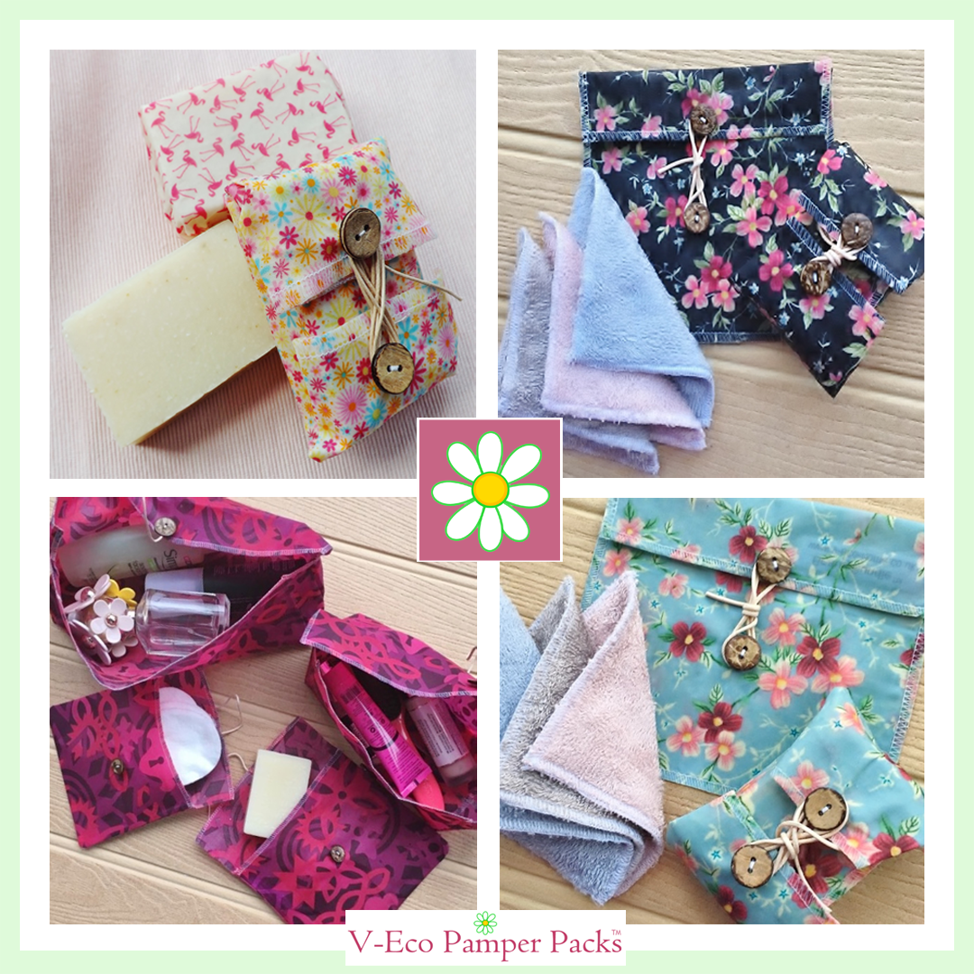 V-Eco Pamper Packsâ„¢ - Quartet of images showing various wraps and pouches