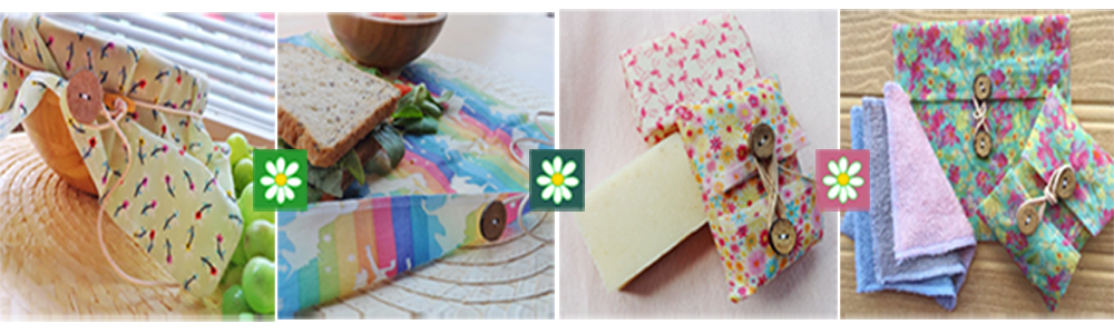 V-Eco Home, quartet of images of wraps and pouches with wording Home to V-Eco Food WRaps and V-Eco Pamper Packs