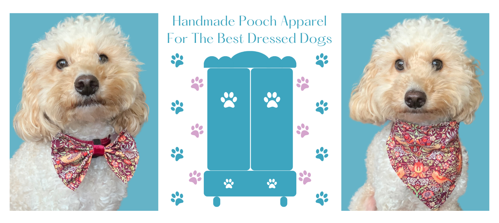 two dogs either side of an illustration of a wardrobe with paw prints as the handles.  the dog on the left is wearing a William Morris patterned bow tie and the dog on the right  is wearing a  William Morrs patterned  bandana